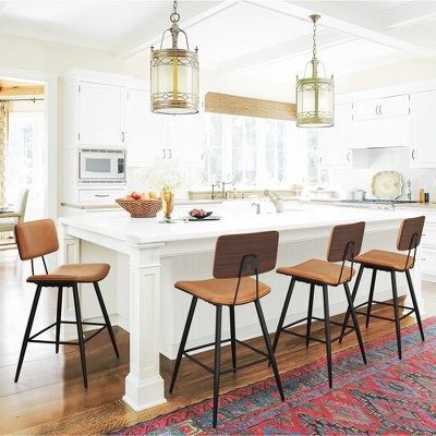 Arceso Bentwood Counter Height Bar Stool Set of 4, PU Leather Upholstered Barstools with Back, Bar Chairs 24.5 Inch