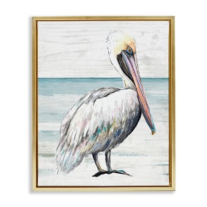 Stupell Industries Rustic Pelican on Shoreline Floating Frame Canvas Art, Gold, 25" x 31" - 1 of 4