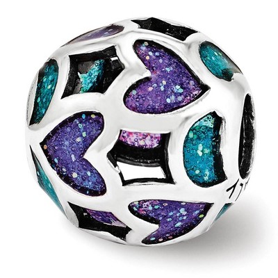 Black Bow Jewelry Sterling Silver Purple & Blue Heart Glitter Enameled Bead Charm