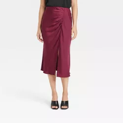 Women's Ruched Satin Midi Slip Skirt - A New Day™ Burgundy XXL