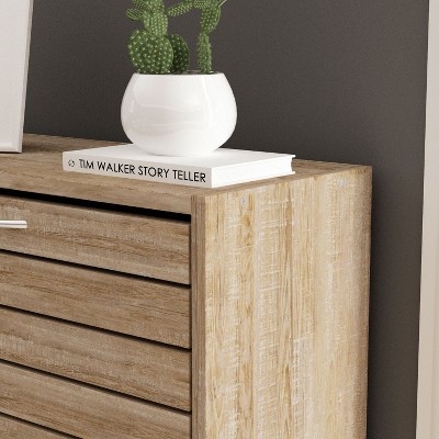 Brown Wood Grain 3-Tier Shoe Storage Rack with Metal Handles