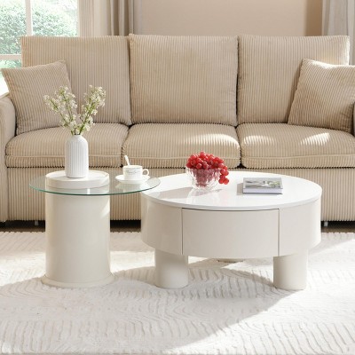 INFURNIC Coffee Tables Round Nesting Coffee Table Set with Storage Drawer and Black Plastic Base for Living Room, White, 20.87"*14.17"*19.88"