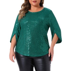 Women's Plus Size Christmas Parties Glitter Sequin 3/4 Slit Sleeve Crew Neck Blouse - Agnes Orinda - 1 of 4
