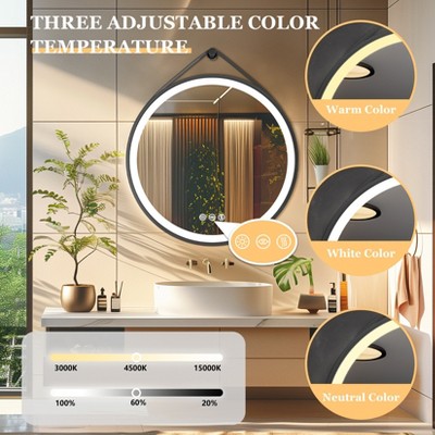 24/28/32in LED Black Frame Round Bathroom Mirror with Light Vanity Mirror Anti-Fog Dimmable,Wall Decor Mirror
