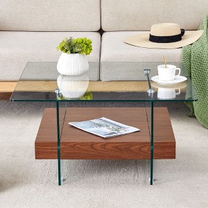 CAVINAS 31.4" Two-Tier Square Coffee Table,Table with Clear Glass Desktop,Walnut Texture Base,Tempered Glass Legs,Center Table for Living Room - 1 of 4