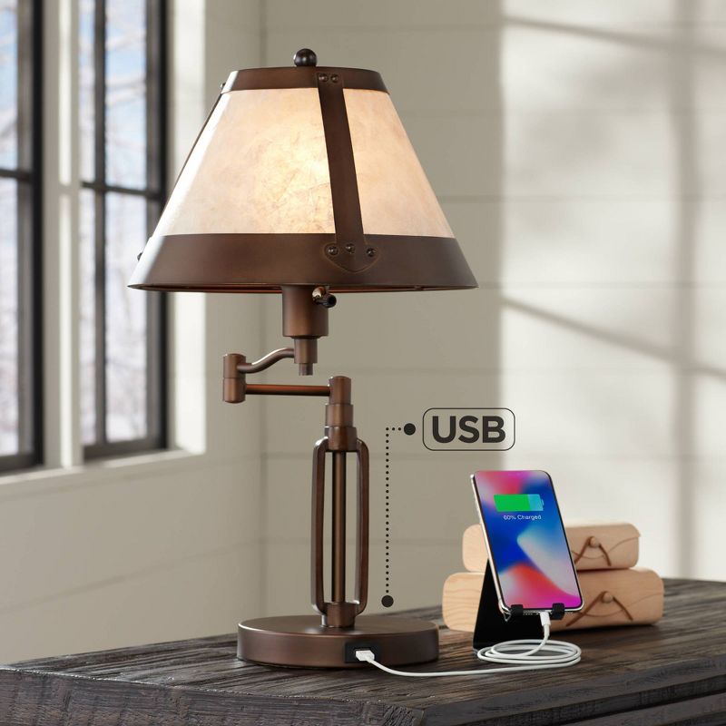 Franklin Iron Works Samuel Industrial Desk Lamp 21 1/4" High Bronze Swing Arm with USB Charging Port Natural Mica Shade for Bedroom Living Room House, 3 of 11