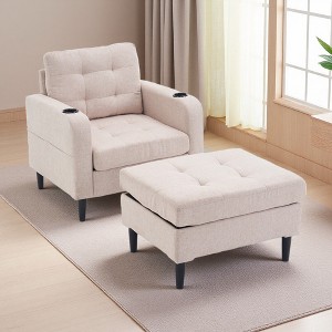 Cotton & Linen Upholstered Armchair Sofa with Storage Ottoman & Cup Holders - 1 of 4