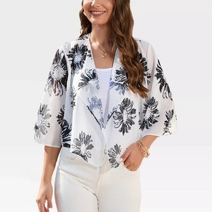 Womens Mesh Cardigan Open Front Batswing Sleeve Shrugs Lightweight Semi-Sheer Floral Cardigan - 1 of 4