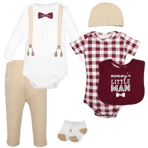 Hudson Baby Infant Boys Cotton Layette Set, Burgundy Tan Suspenders - 1 of 4