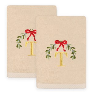 Linum Home Textiles Christmas MISTLETOE MONOGRAM - Embroidered Luxury 100% Turkish Cotton Hand Towels (Set of 2) - 1 of 3