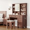 Farmhouse Vanity Desk with Mirror, LED Lights and Charging Station, Makeup Table With 2 Drawers and Cushioned Stool for Bedroom Dressing Room - 2 of 4