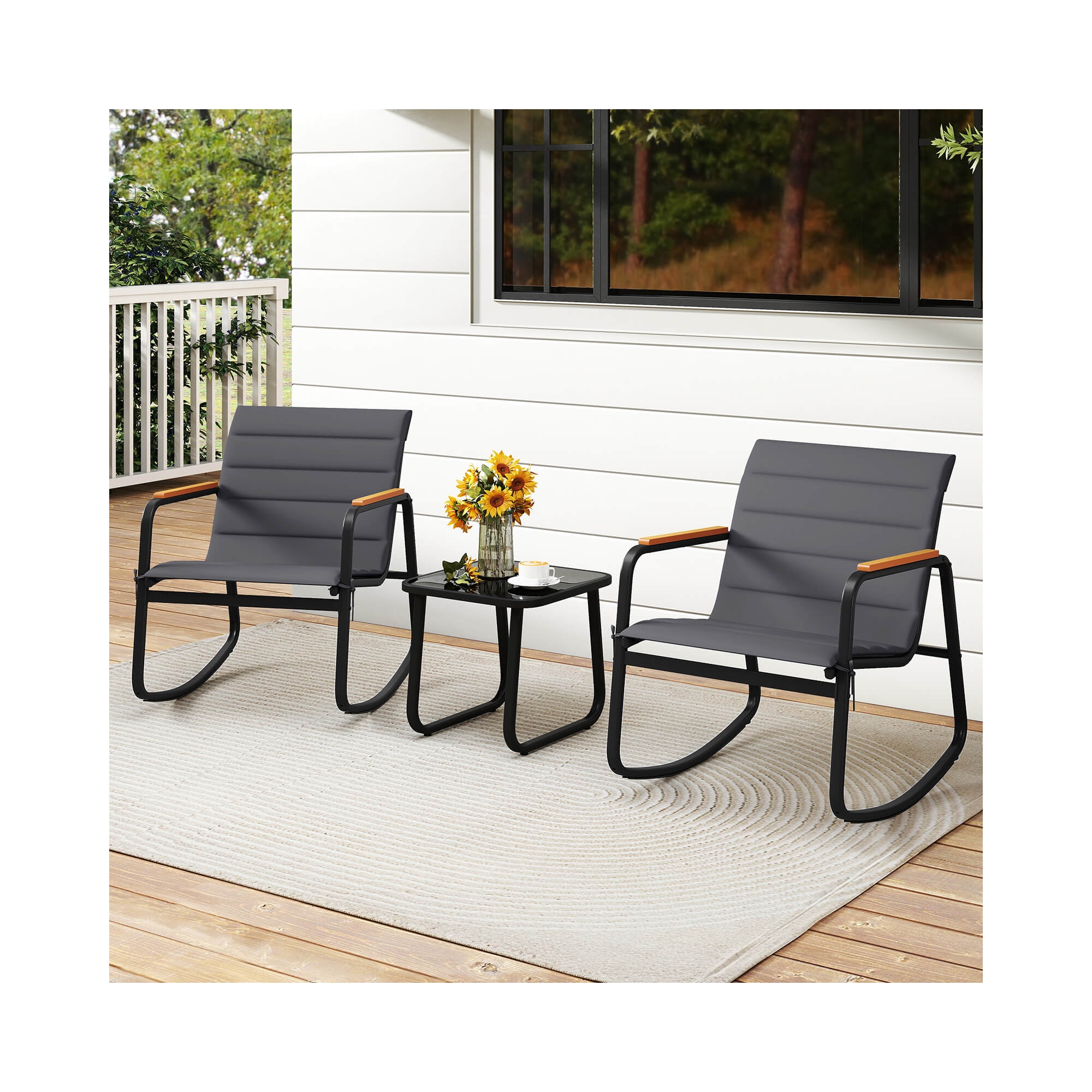 Costway 3 PCS Outdoor Rocking Bistro Set with Tempered Glass Table Metal Frame Soft Cushions