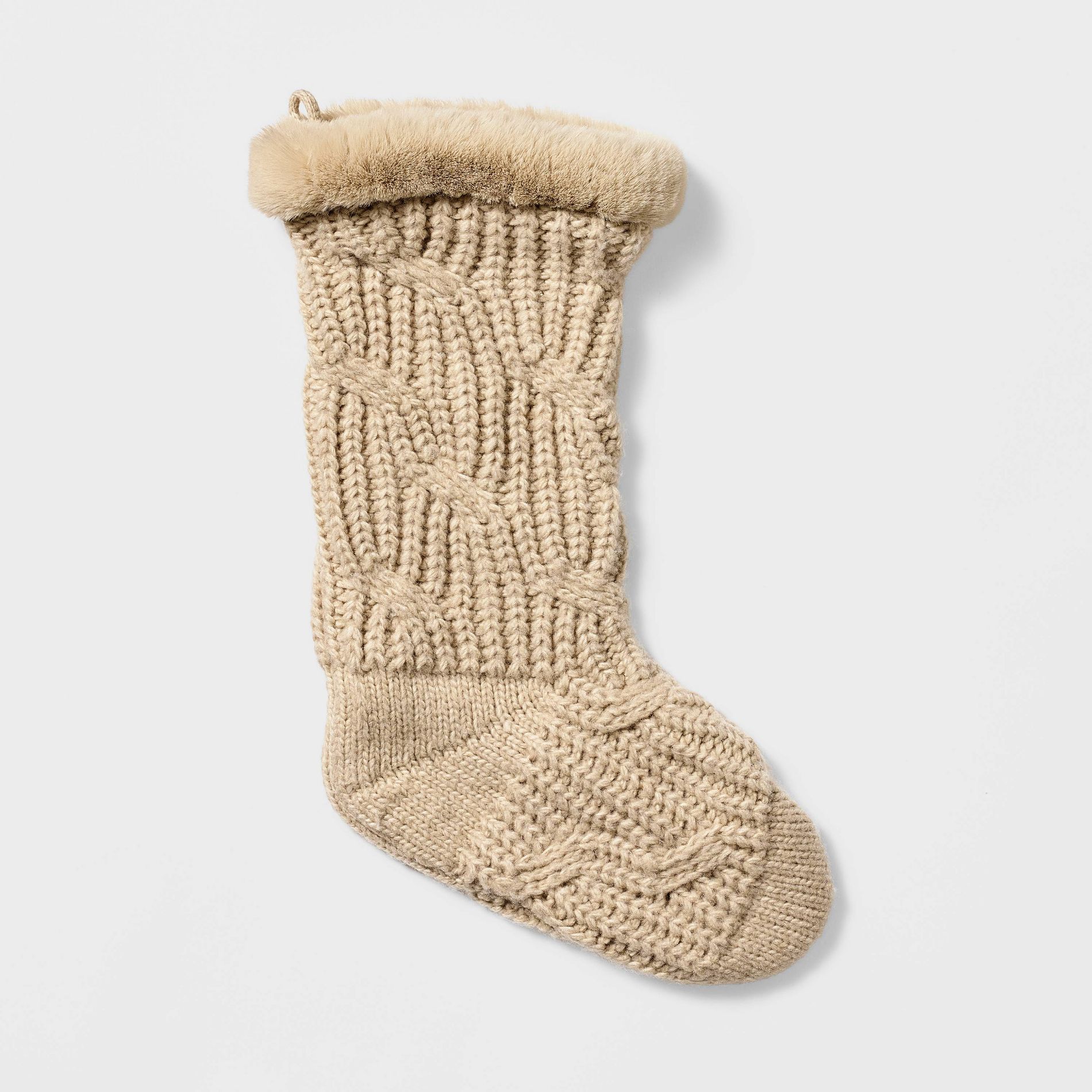 Cable Knit Faux Fur Trim Holiday Stocking True Khaki - Threshold™ designed with Studio McGee