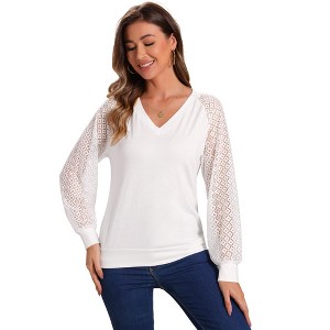 INSPIRE CHIC Women's Lace Raglan Sleeve Casual Work Office V Neck Top - 1 of 4