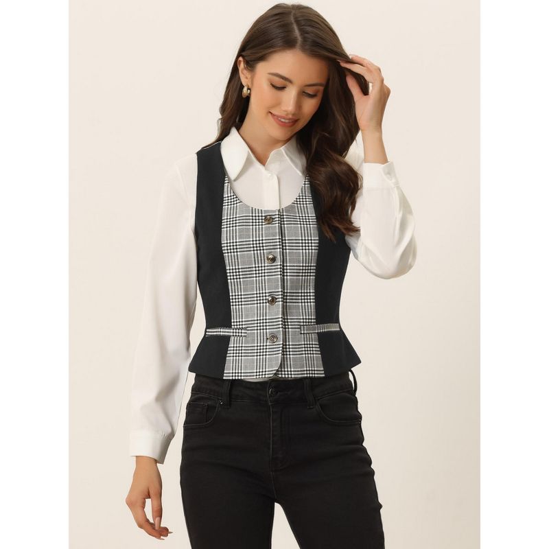 Allegra K Women's Vintage Plaid Button-Down Work Dressy Waistcoat Vests, 4 of 5