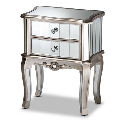 Elgin Brushed Wood and Mirrored Glass 2 Drawer Nightstand Silver/Mirror - Baxton Studio