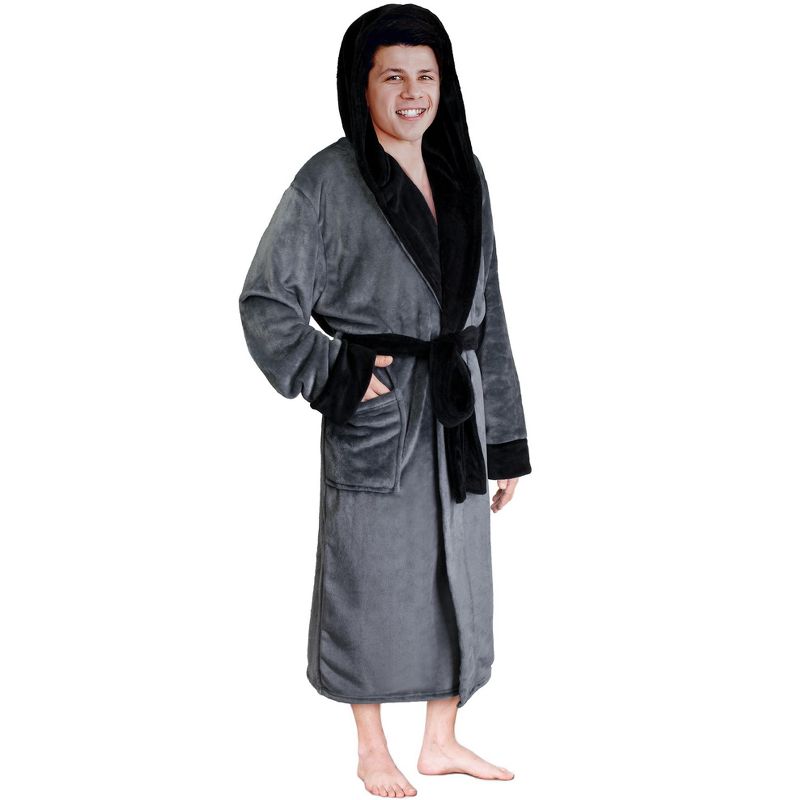 PAVILIA Mens Robe, Hooded Soft Bathrobe for Men, Fleece Plush Warm Shawl Collar Hood Pockets for Bath Shower Spa, 1 of 8