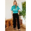 Slickblue Women's Satin Smocked Waist Blouse, Puff Elbow Sleeves, Mock Neck Bow, Turquoise/Taupe, Size S-L - 2 of 4