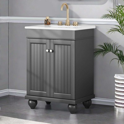 NicBex Bathroom Vanity with Sink, Bathroom Cabinet Storage, 2 Soft Closing Cabinet Doors with Double Shelves for Bathroom