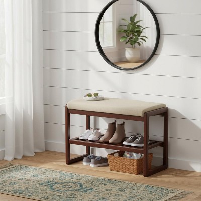 Homy Casa Upholstered Entryway Bench with Wooden Frame and Storage Shelf for Bedroom Living Room or Hallway, Beige
