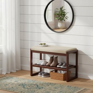 Homy Casa Upholstered Entryway Bench with Wooden Frame and Storage Shelf for Bedroom Living Room or Hallway, Beige - 1 of 4