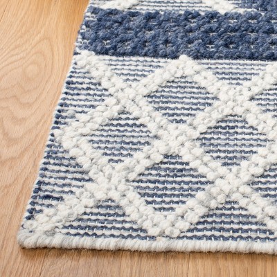 Handwoven Blue and Ivory Wool Runner Rug
