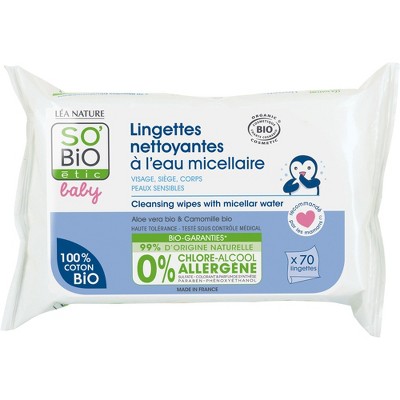 Image of SO'BiO etic | Baby Cleansing Wipes | Organic & Biodegradable Micellar Water Wet Wipe Skin Cleanser for Newborn, Infant, Toddler | 70 Wipes