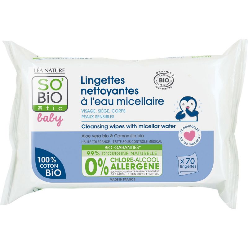 SO'BiO etic | Baby Cleansing Wipes | Organic & Biodegradable Micellar Water Wet Wipe Skin Cleanser for Newborn, Infant, Toddler | 70 Wipes, 1 of 4