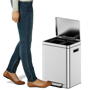 Stainless Steel Trash Can with Dual Compartments, Foot Pedal Recycling Bin Featuring Side Handles for Home Office Kitchen Use - 1 of 4