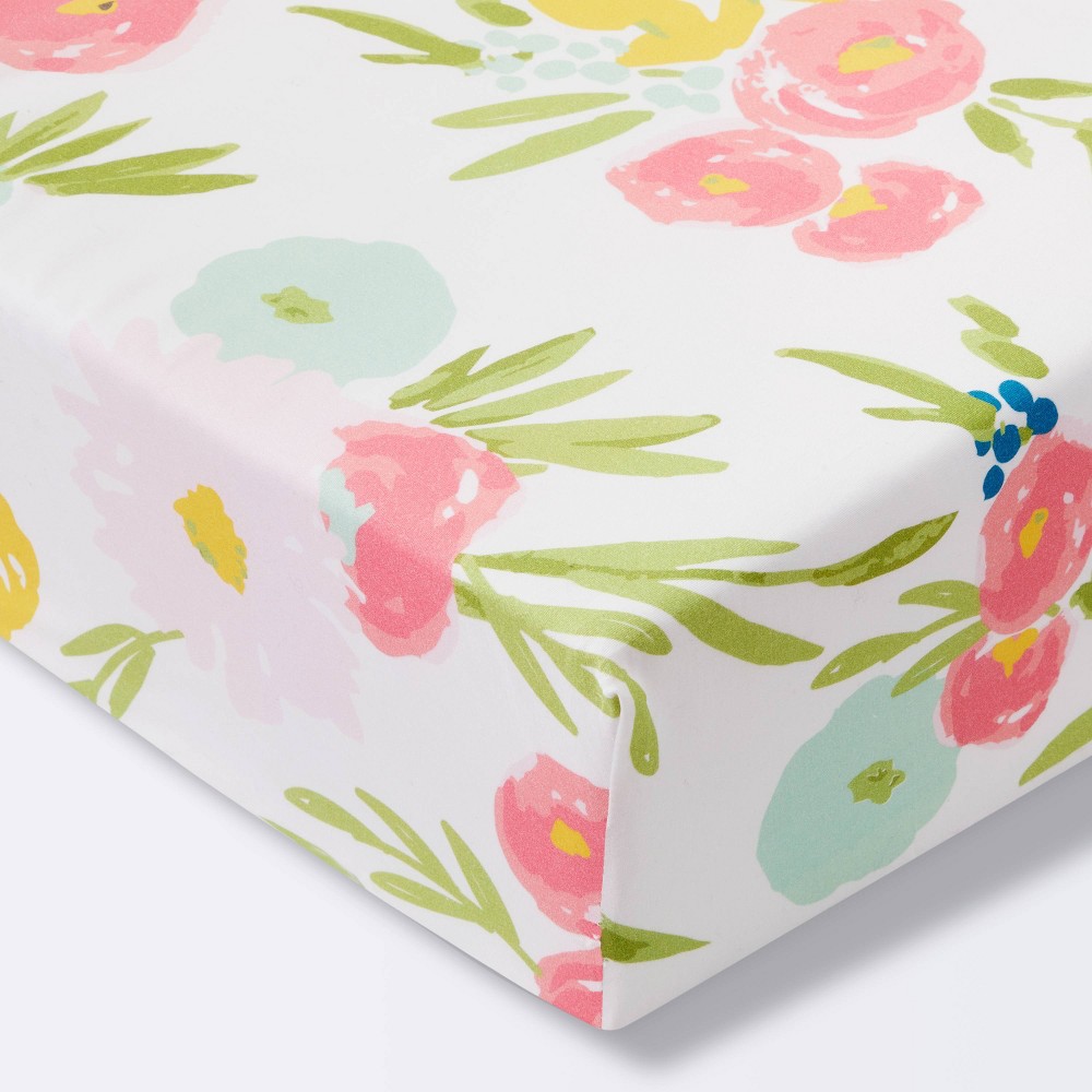 Photos - Bed Linen Fitted Crib Sheet Floral - Cloud Island™ Pink