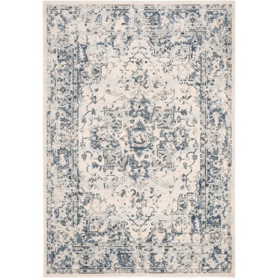 Ivory and Navy Rectangular Synthetic Area Rug