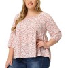 Agnes Orinda Women's Plus Size 3/4 Sleeve Square Neck Floral Peplum Babydoll Blouses - 2 of 4