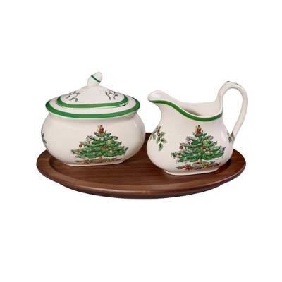 Spode Christmas Tree 3 Piece Sugar and Creamer Set with Wood Tray