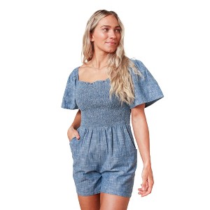 Hope & Henry Women's Bell Sleeve Smocked Chambray Romper - 1 of 4