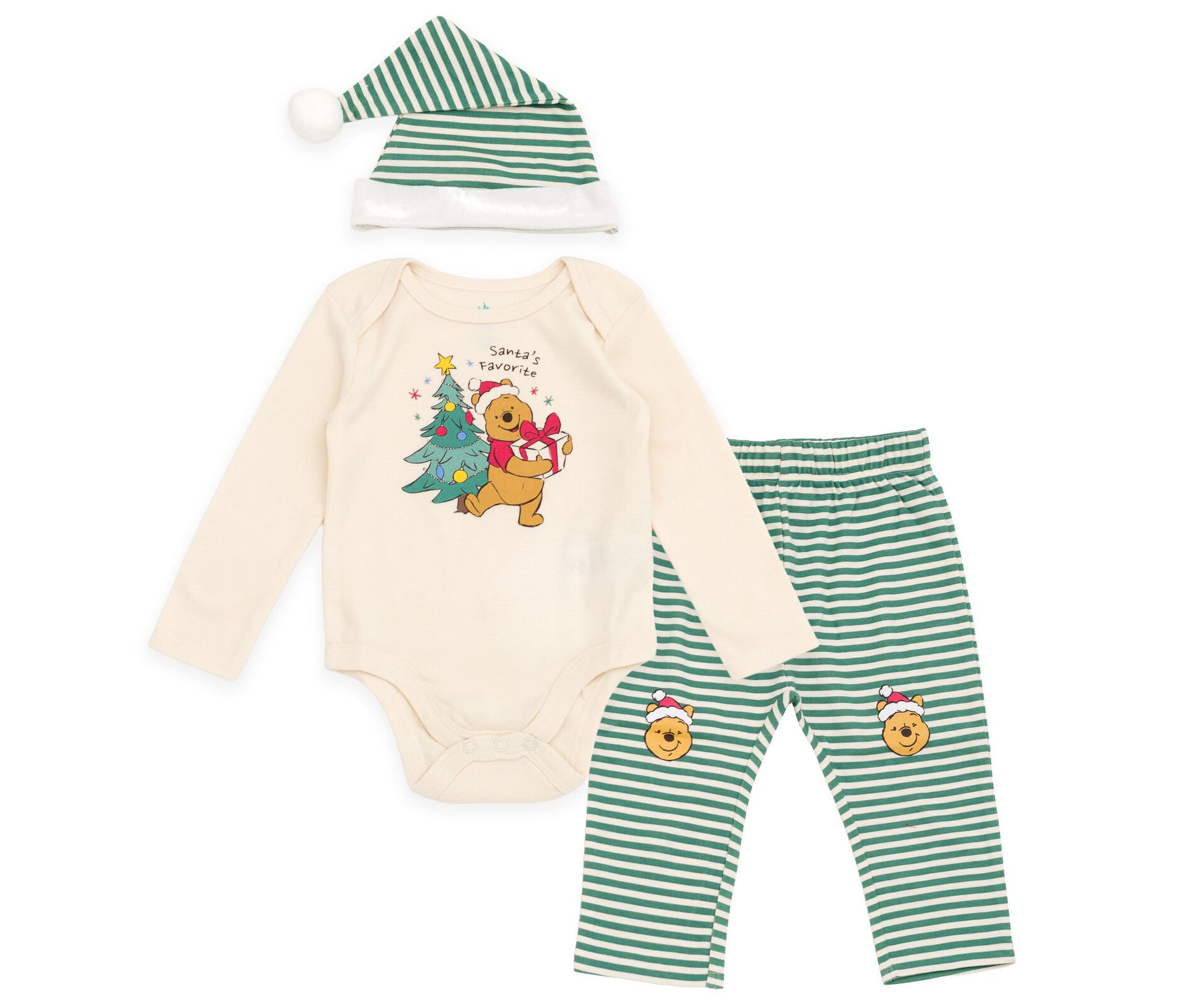 Disney Christmas Baby Bodysuit, Pants and Velour Santa Hat 3 Piece Outfit Set Newborn to Infant