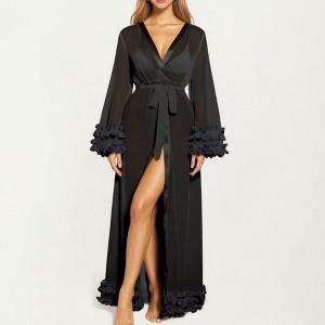 Anna-Kaci Lounge Women's Long Satin Robe with Sheer Bell Sleeves and Ruffle Trim Hem - 1 of 4