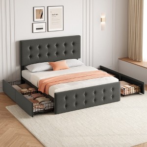Bed Frame with Adjustable Headboard and 4 Storage Drawers, Upholstered Platform Bed Frame, No Box Spring Needed, Noise Free, Easy Assembly - 1 of 4