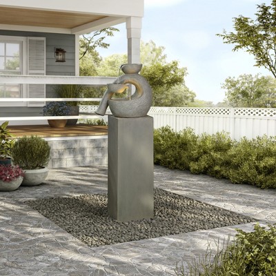 Gray Resin Modern Sculpture Pedestal Fountain with LED Light