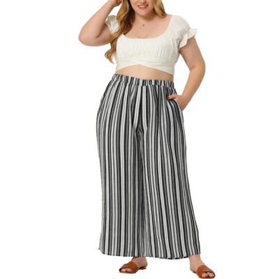 JNGSA Wide Leg Trouser Pants for Women,Boho High Waisted Pants for Women  Striped Wide Leg Flowy Pants Casual Elastic Waist Loose Fit Trousers