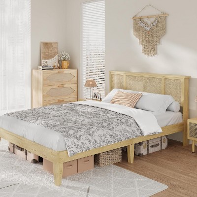 Bed Frame with Natural Rattan Headboard, Sturdy Wooden Slats, Metal Platform, Boho Cane Mattress Support, Stylish and Robust Bedroom Furniture
