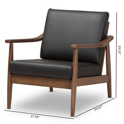 Venza Mid-Century Modern Lounge Chair in Black Faux Leather & Walnut