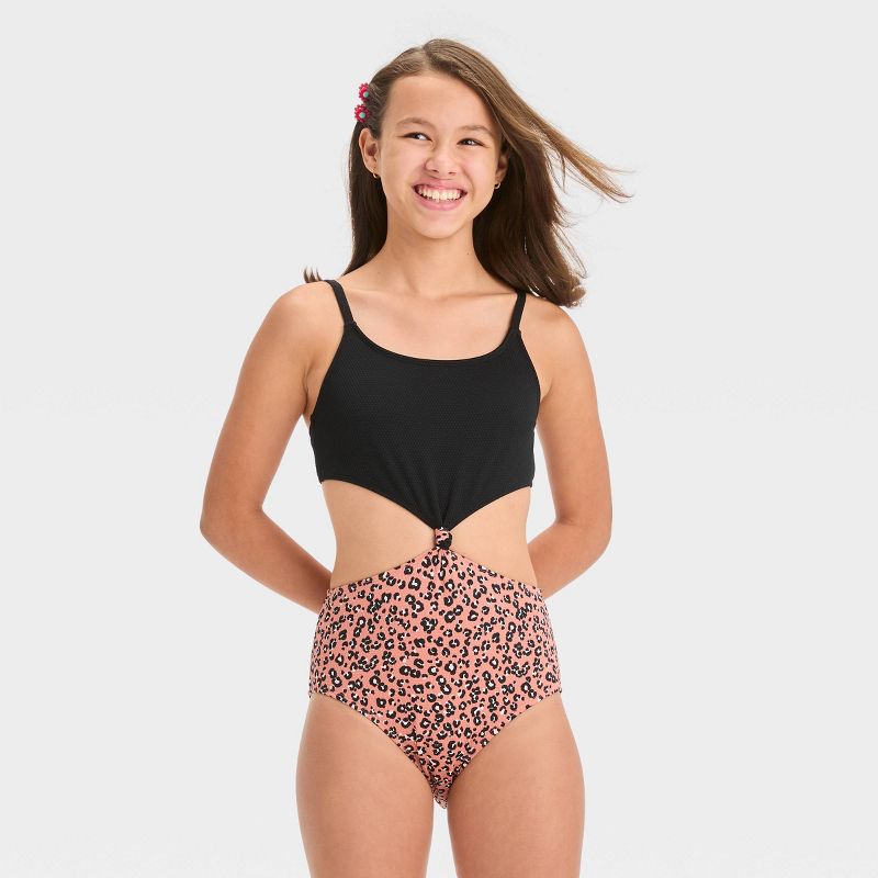 Girls' 'In Her Element' Leopard Spot One Piece Swimsuit - art class™ Black, 1 of 5