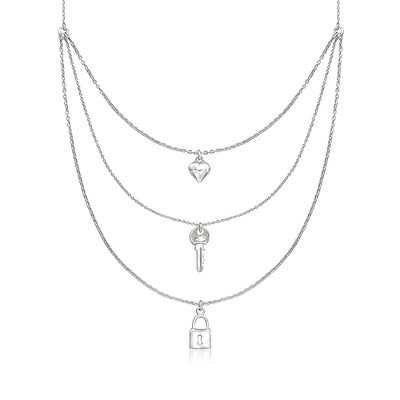 Ross-Simons Sterling Silver Heart, Key and Lock Charm Layered Necklace. 16 inches