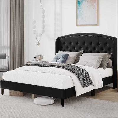 Full Size Bed Frame, Upholstered Platform Bed with Wingback Headboard and Button Tufted Design