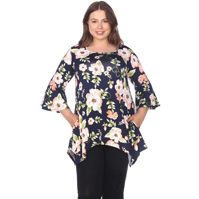 Women's Plus Size Floral Printed Blanche Tunic Top with Pockets - White Mark