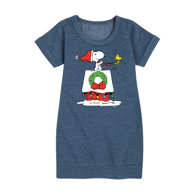 - Peanuts - Snoopy & Woodstock House Sleigh Graphic Short Sleeve Fleece Dress