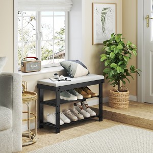 MAYEERTY 3 Tier Shoe Racks Bamboo Shoe Bench Entryway with Cushion and Adjustable Shelves for Hallway Mudroom living Room Black - 1 of 4