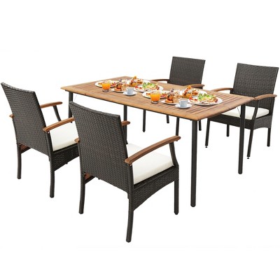 Tangkula 5PCS Wicker Dining Set Cushion Acacia Wood Armchairs Table w/ Umbrella Hole Patio
