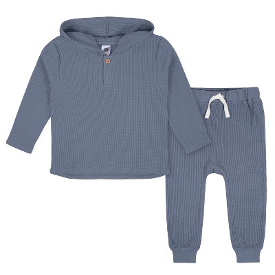 Image of Gerber Baby Boys' Waffle Hoodie & Jogger Set, 2-Piece, Dusty Blue, 12 Months