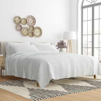 California King White and Aqua Cotton Polyester Deep Pocket Sheet Set